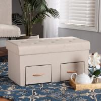 Baxton Studio 4A-151CR-Beige-Storage Ottoman Gerwin Modern and Contemporary Beige Fabric Upholstered and Oak Brown Finished Wood 2-Drawer Storage Ottoman>